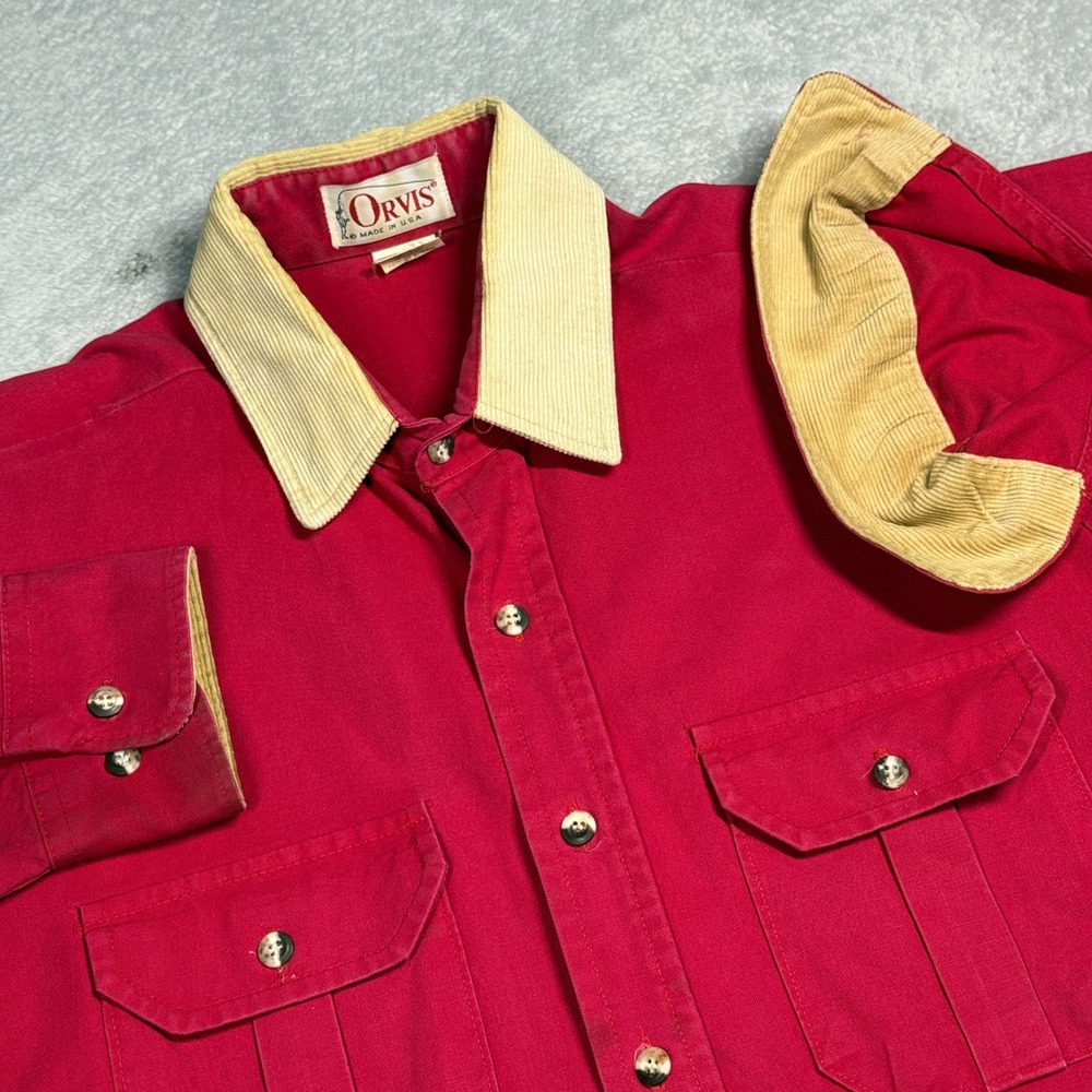 Vintage‎ Orvis Canvas Shirt Mens L Red Corduroy Collar Long Sleeve  USA